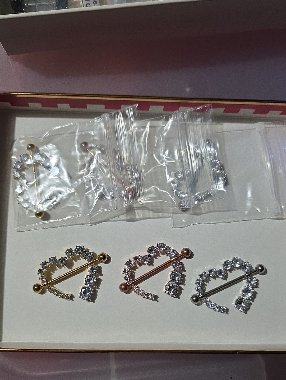 set of- Rhinestone Heart Barbell Nipple Ring Set - Gold, Rose Gold, Silver